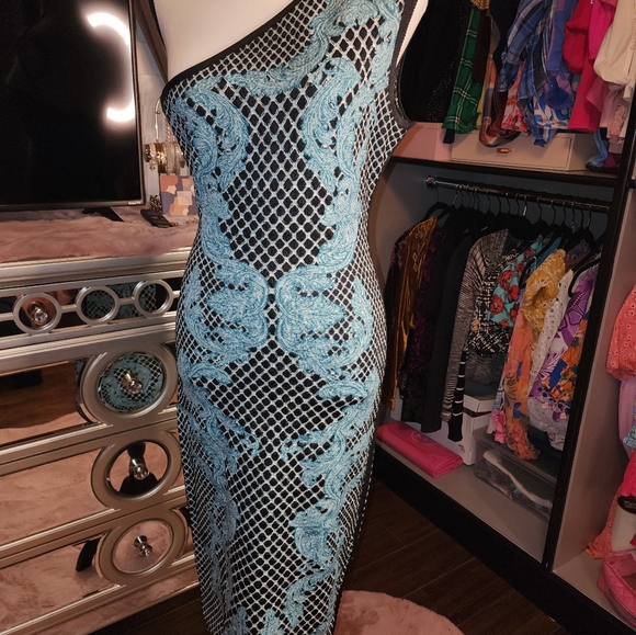 Herve Leger One Shoulder Turquiose and Black Bandeau Dress Size Medium - Picture 3 of 5